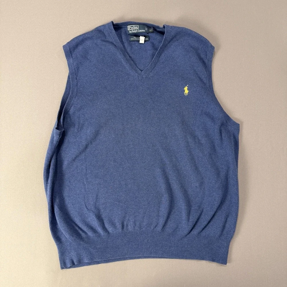 Polo Ralph Lauren Sweater Vest Mens XL Blue Pima Cotton‎ V Neck Knit Pullover